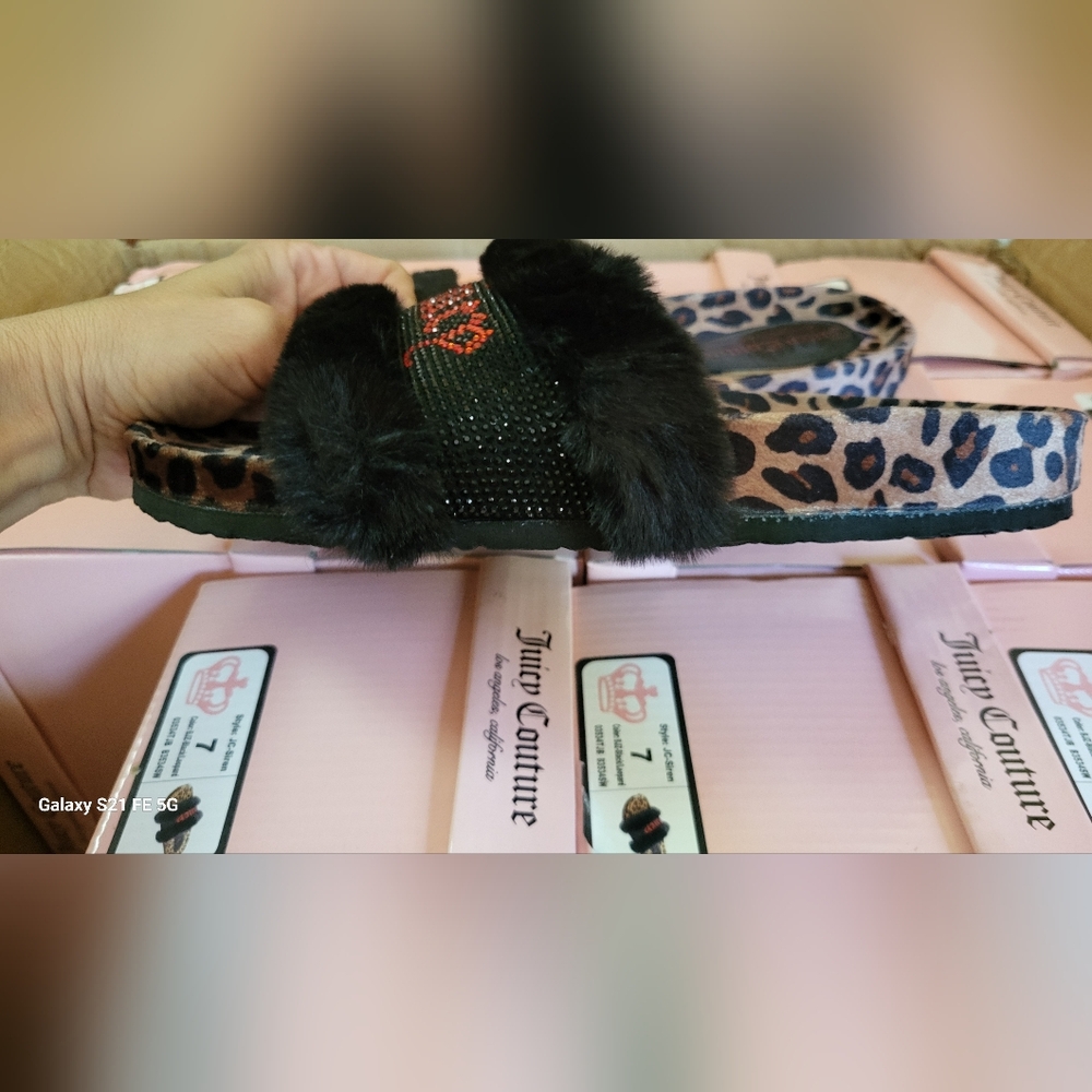 Juicy Animal Faux Fur Print Bling Logo Sandal Slide NWT - Picture 3 of 6
